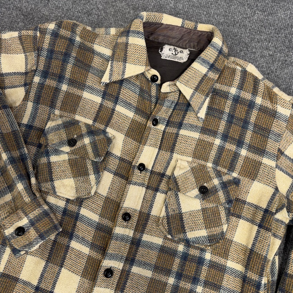 Vintage‎ CPO Flannel Shirt Jacket Men Large Brown Tan Wool Linen 70s Flap Pocket